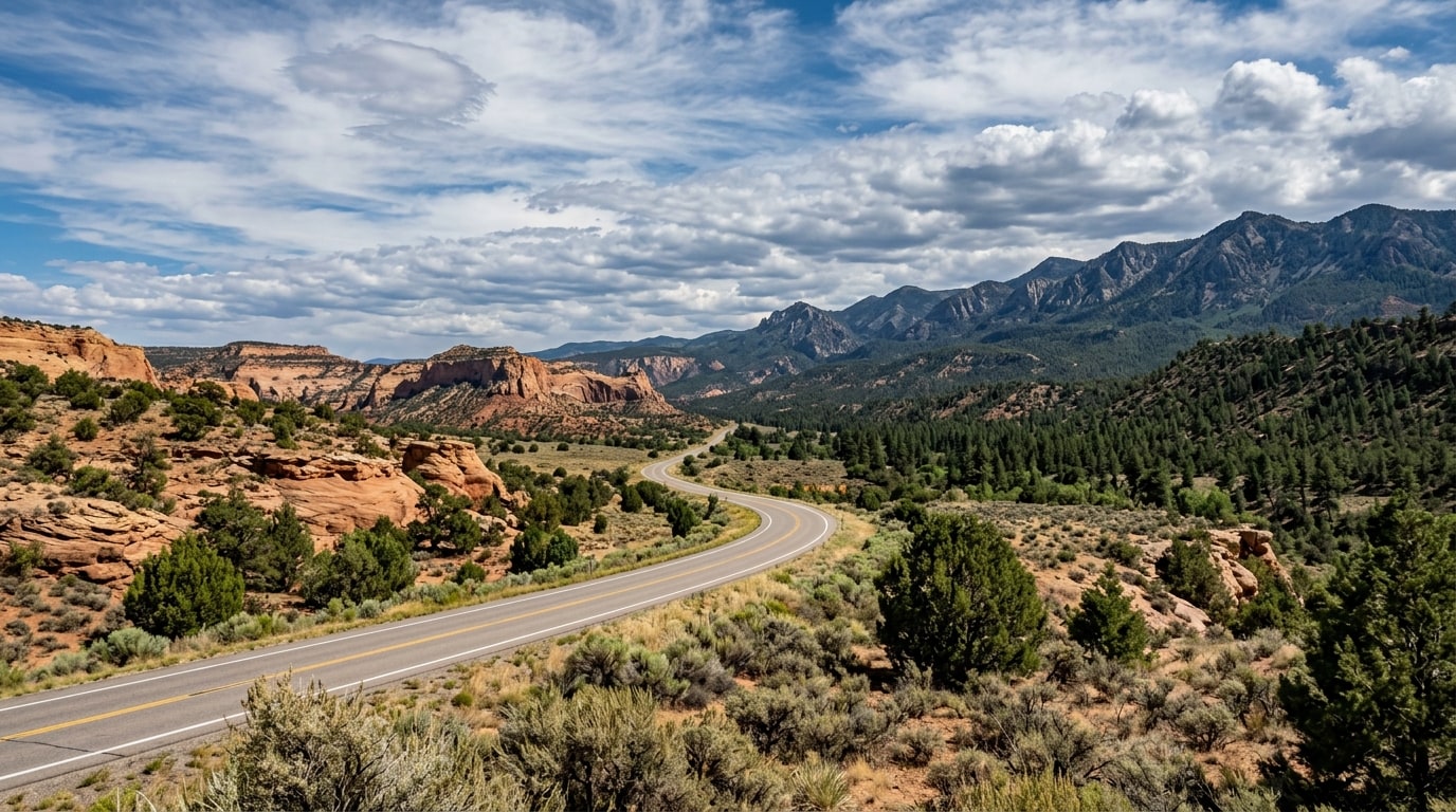 US-84 climbing from northern New Mexico high desert toward ponderosa pine country