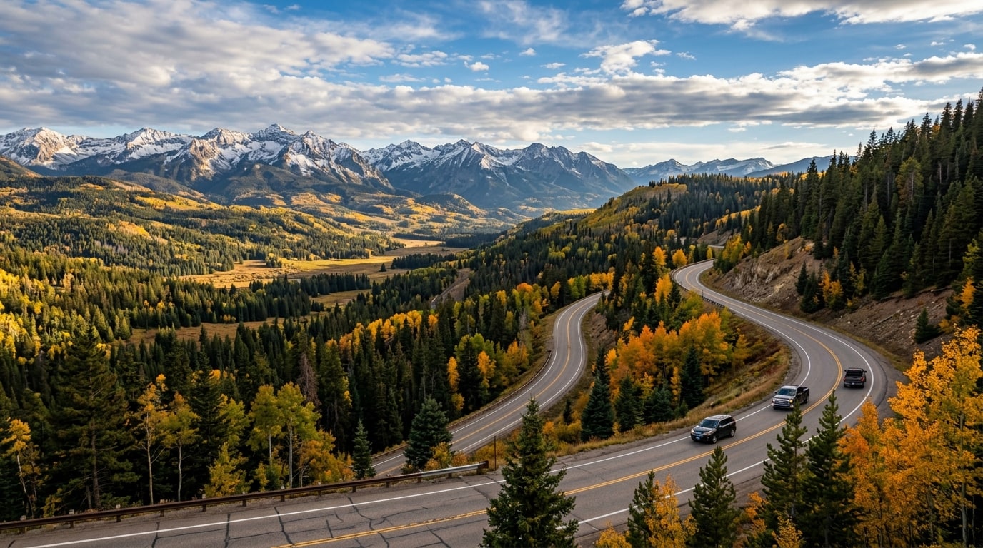 US-160 winding through Wolf Creek Pass with snow-capped San Juan Mountains in the distance