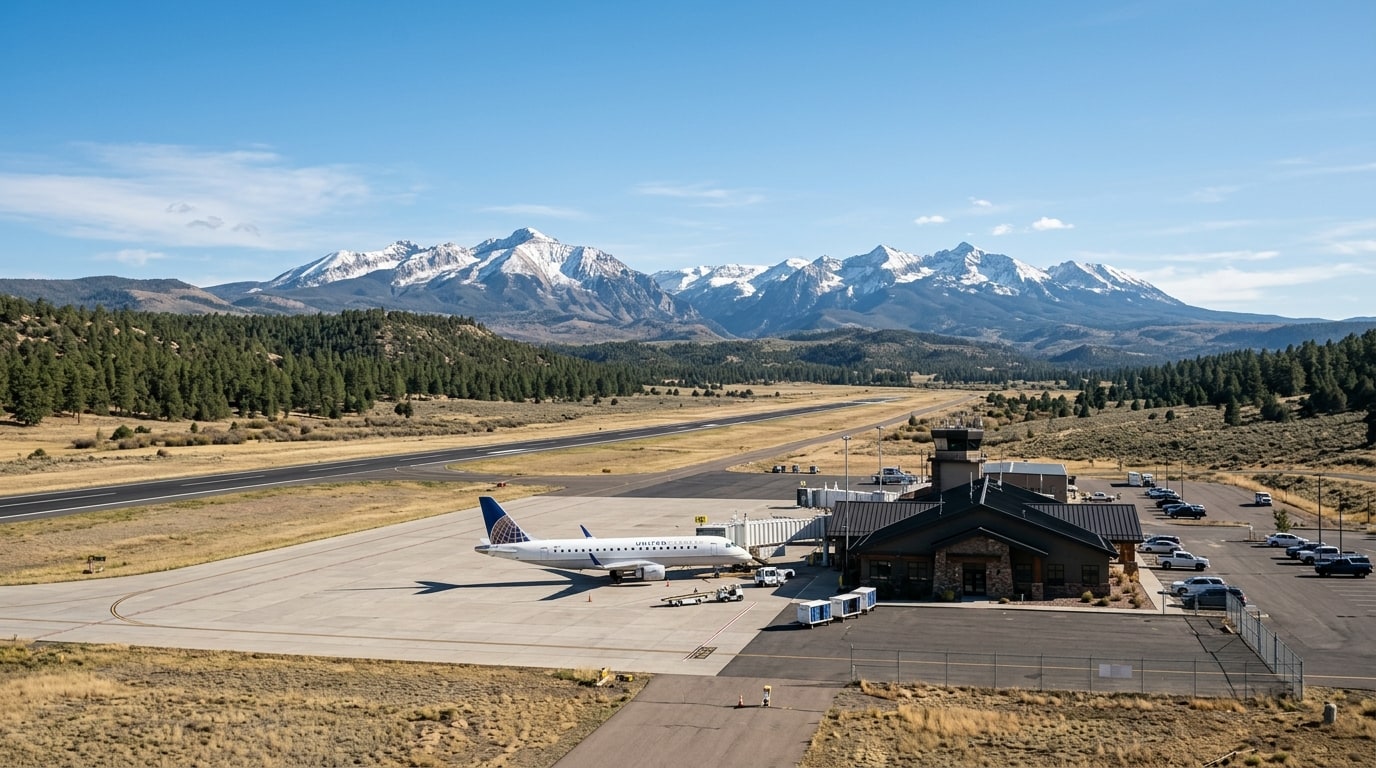 Durango–La Plata County Airport (DRO) with the San Juan Mountains in the distance