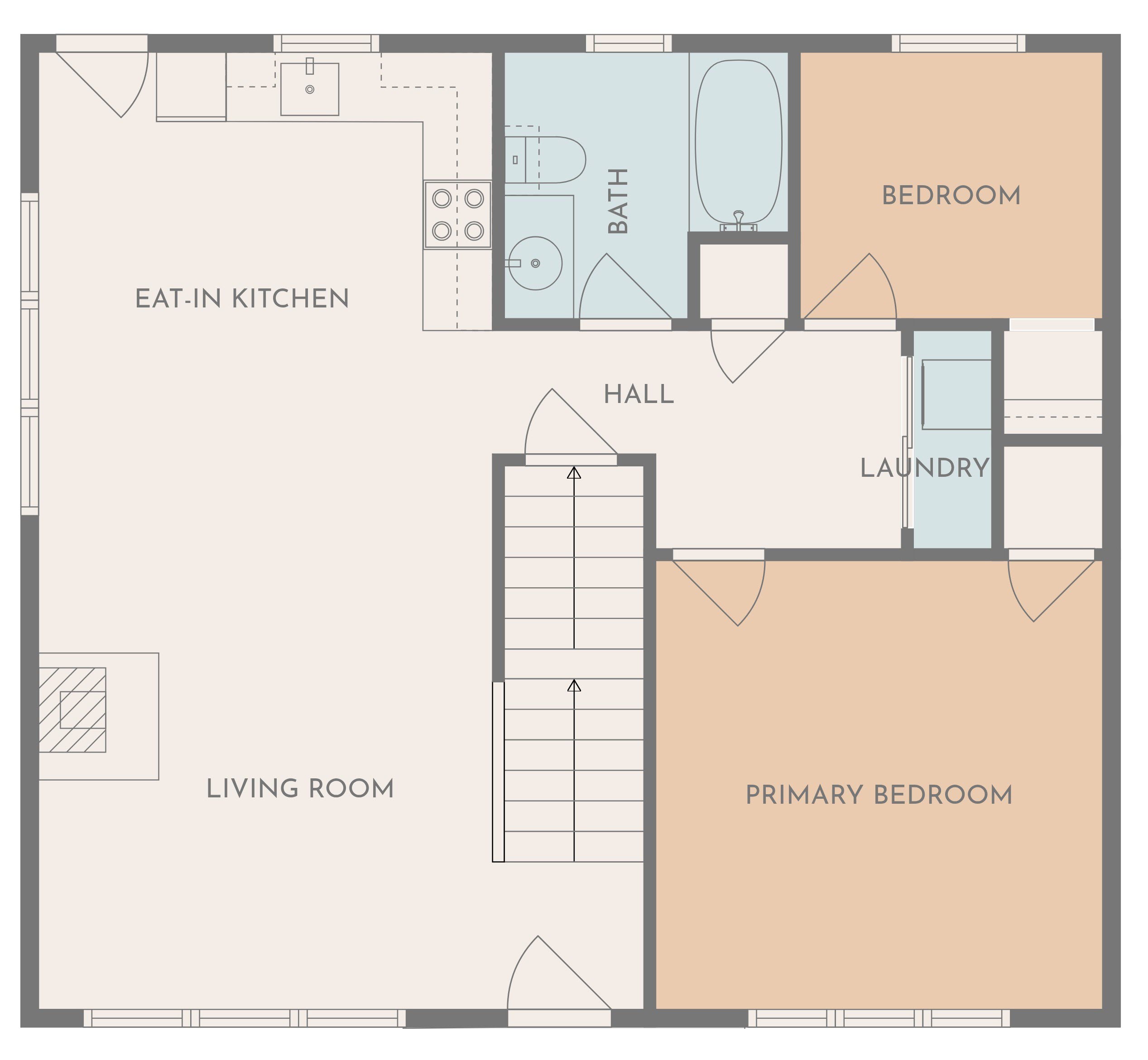 First floor plan: living room, eat-in kitchen, primary bedroom, second bedroom, full bath, laundry