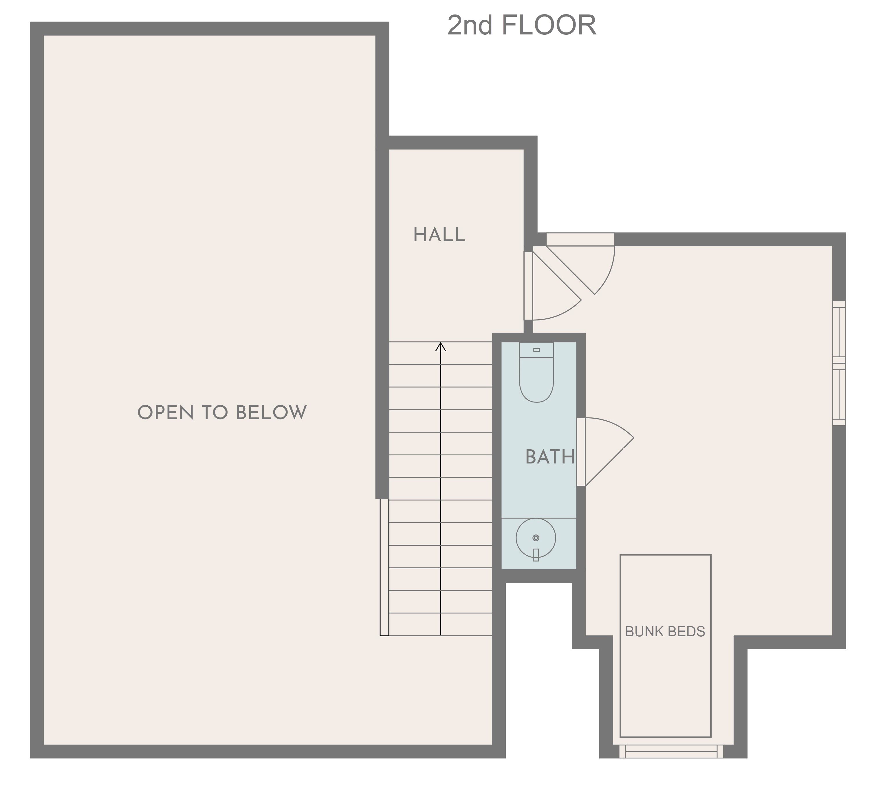 Second floor plan: open-to-below loft over the great room, bedroom, bunk room, full bath