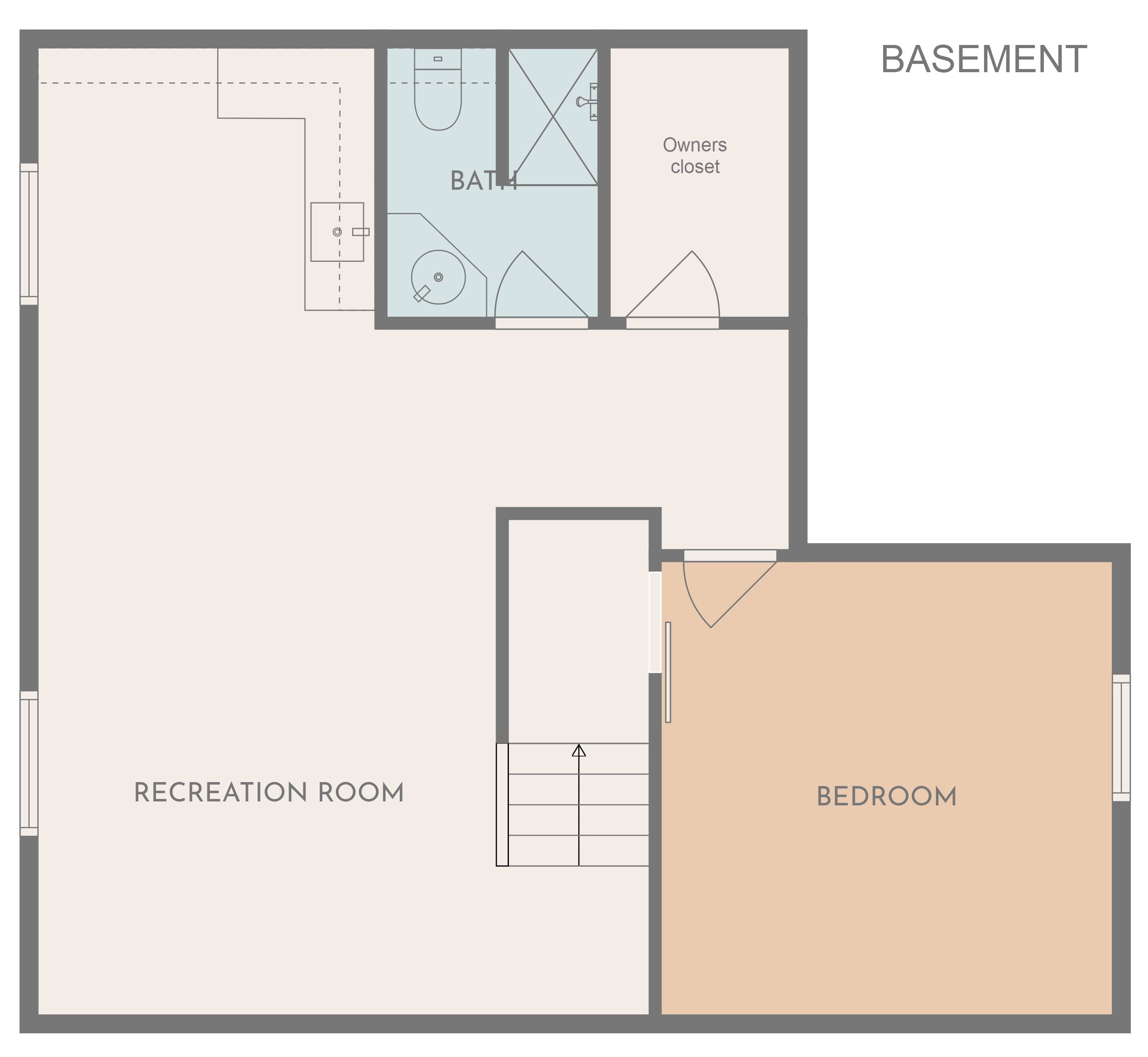 Basement plan: large recreation room, additional bedroom, full bath