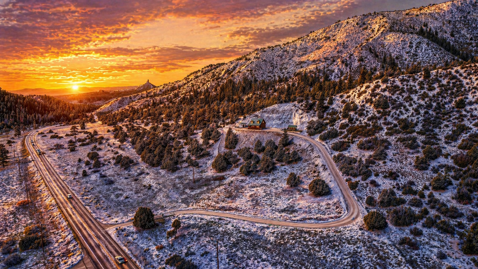 Winter sunset aerial — the single road in snakes up to the cabin on its ridge, Chimney Rock silhouetted against the orange sky in the distance